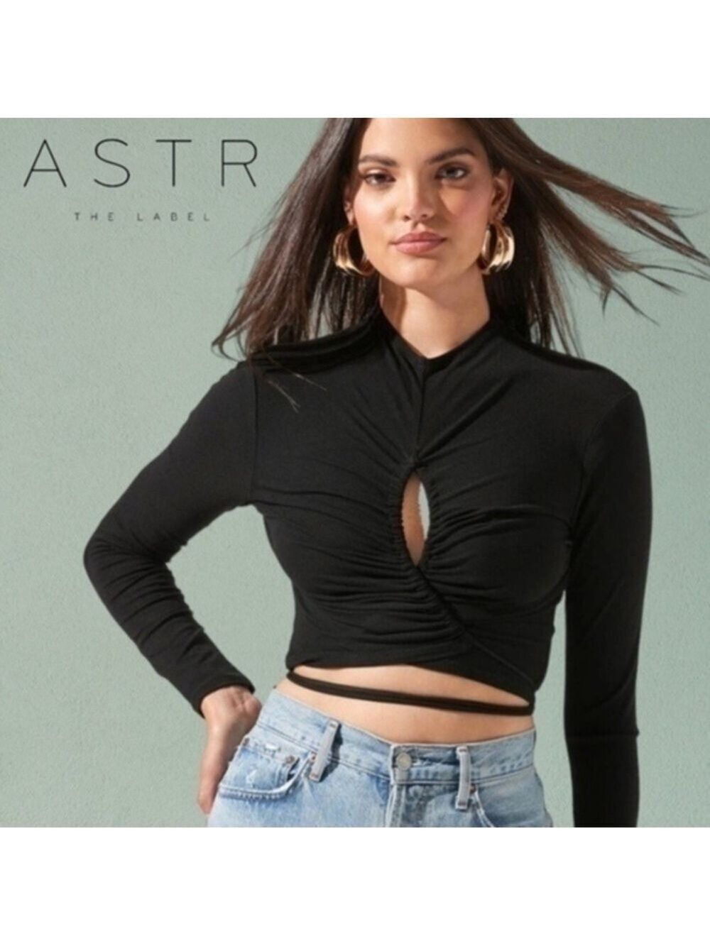 ASTR THE LABEL NWT Reseda Long Sleeve Front Keyhole Tie-Waist-Wrap Top-Black/Md